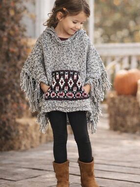 Mimi & Maggie Girls Hooded Poncho Sweater Boho Fringe Aztec Knit OS